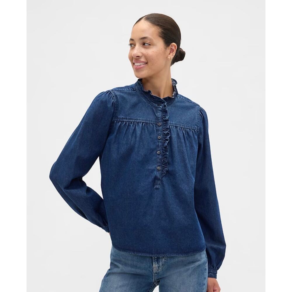 GAP 2025 Dark Denim Oversized Ruffle Top 100% Cotton 2XL Casual Preppy Peasant